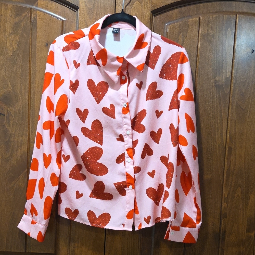 Pink and Red Heart Print Button-Up Shirt